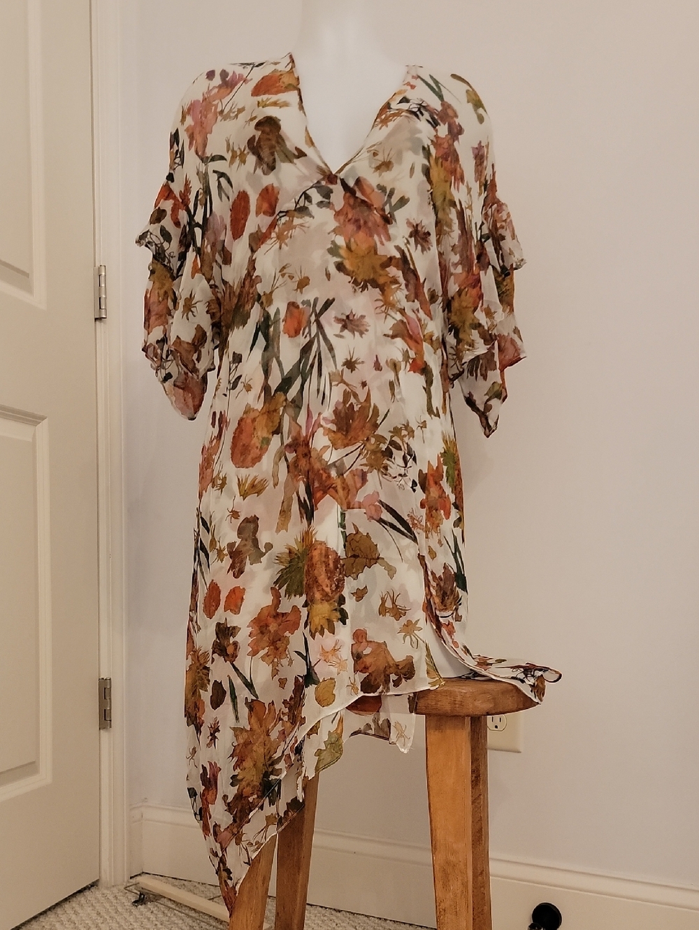 IRO Cream Floral Asymmetrical Chiffon Dress